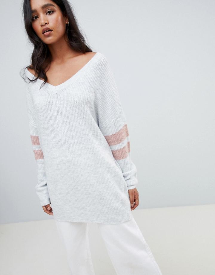 Micha Lounge Oversized Sweater With Stripe Sleeve Detail - Gray