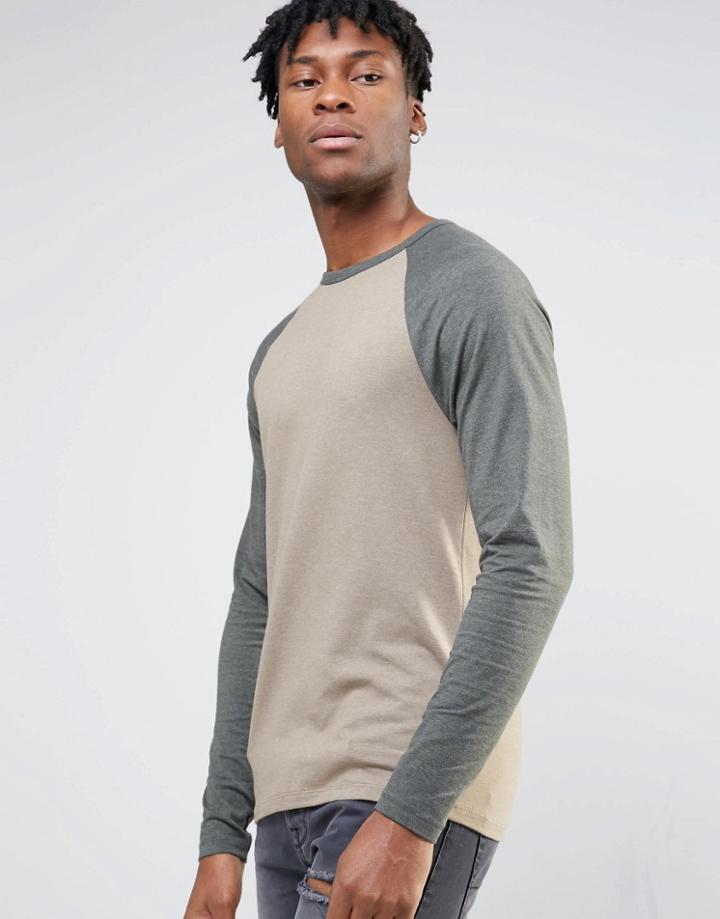 Asos Muscle Long Sleeve T-shirt With Contrast Raglan - Brown