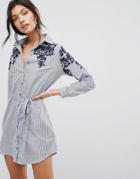 Parisian Floral Embroidered Shirt Dress With Tie Waist - Blue