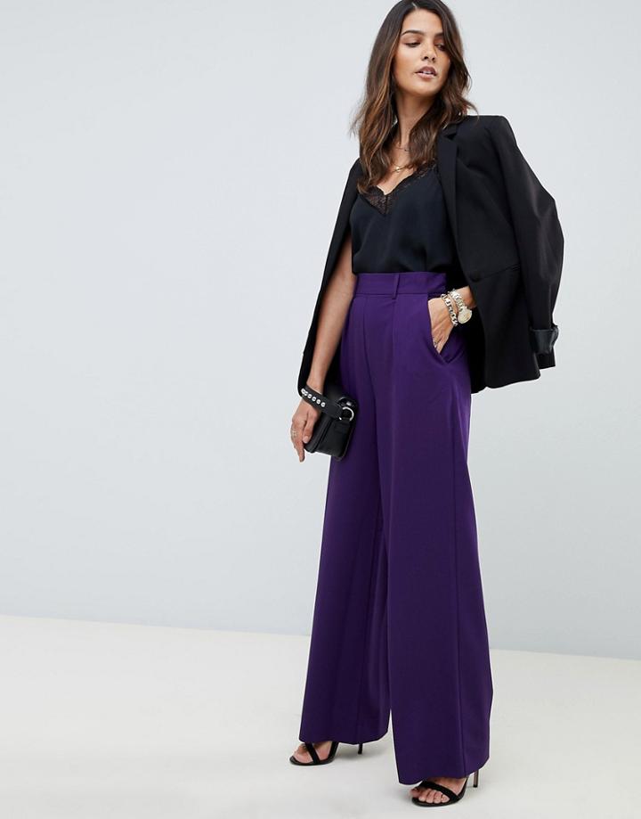 Asos Design Wide Leg Pants With Pleat Detail - Purple