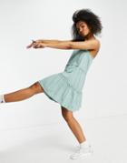 Asos Design Strappy Sundress With Tiered Ruffle Detail In Sage-green
