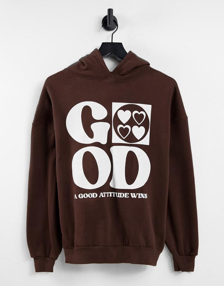 Pull & Bear Hoodie In Brown With Slogan 'good Times Are Now'