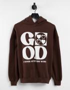 Pull & Bear Hoodie In Brown With Slogan 'good Times Are Now'