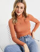 Monki High Neck Ribbed Long Sleeve Top In Rust-red
