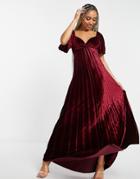 Asos Design Twist Back Pleated Empire Waist Velvet Maxi Dress In Red