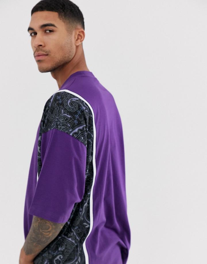 Asos Design Oversized T-shirt With Contrast Paisley Panels And Piping - Purple