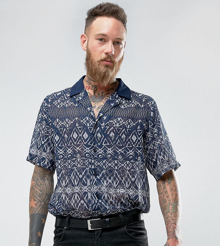 Reclaimed Vintage Inspired Revere Shirt With Geo Print With Short Sleeve Reg Fit - Navy