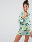 Asos Lemon Print Long Sleeve Shirt & Short Set In 100% Modal - Multi