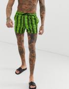 Asos Design Swim Short With Neon Green Snake Print In Short Length - Green
