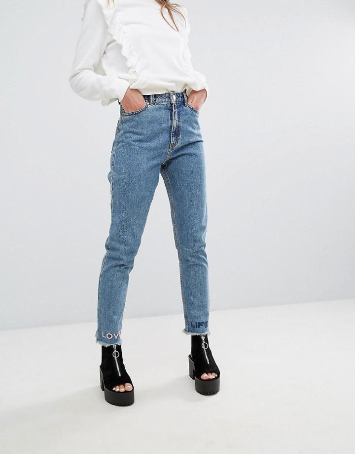 Monki Love Life Logo Mom Jeans - Blue