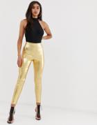 Asos Design Pull On Jegging In Washed Metallic Gold - Gold
