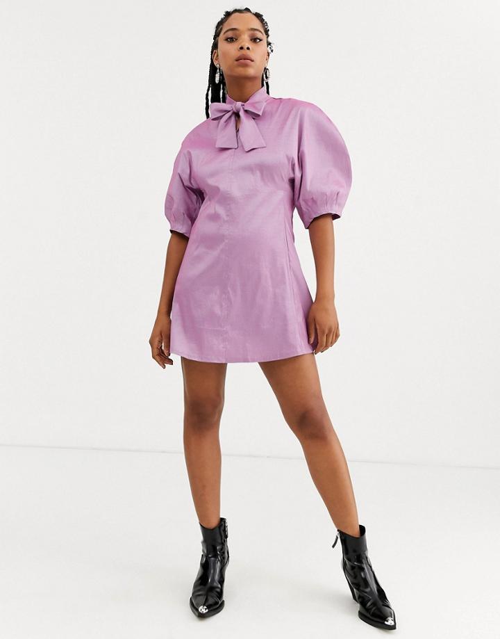 Sister Jane Mini Dress With Bow Collar And Volume Sleeves In Taffeta-purple