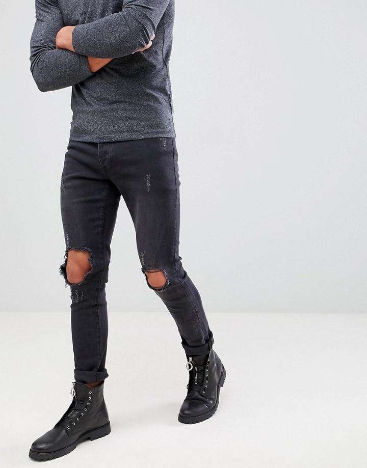 Mennace Washed Black Busted Knee Relaxed Skinny Makavelli Jeans - Black