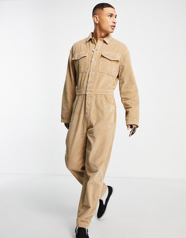 Asos Design Corduroy Coveralls In Stone-neutral