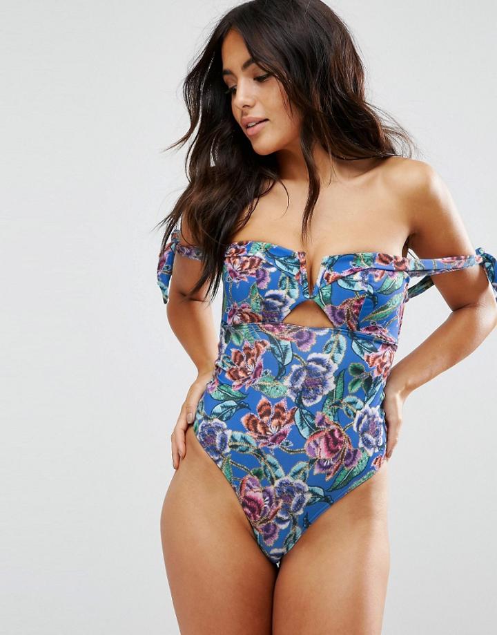 Asos Fuller Bust Exclusive Tapestry Floral Bardot Swimsuit Dd-g - Mult