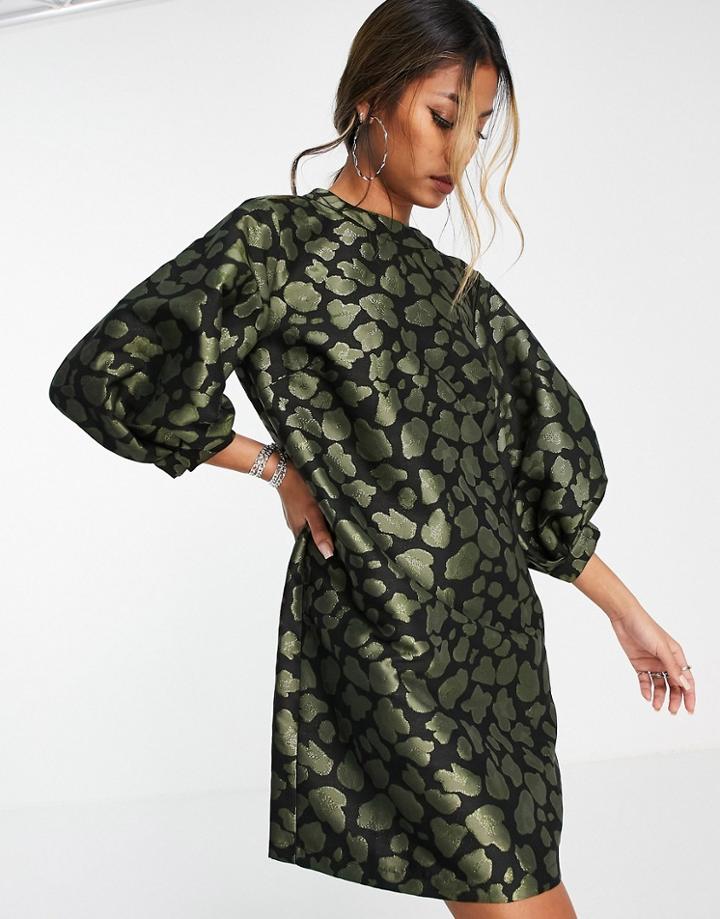 Topshop Metallic Jacquard Animal Mini Dress In Green