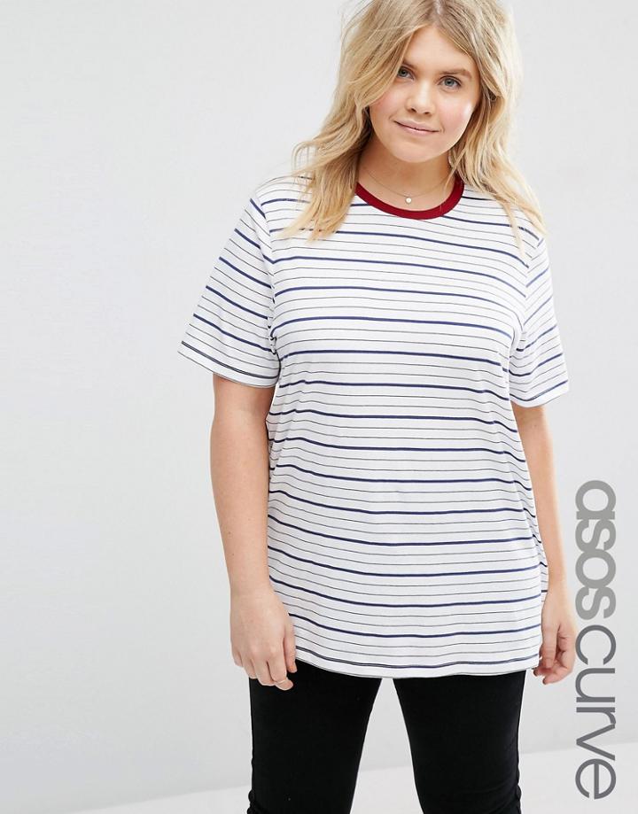 Asos Curve Boyfriend T-shirt In Stripe With Contrast Neck - Multi