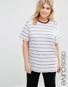 Asos Curve Boyfriend T-shirt In Stripe With Contrast Neck - Multi