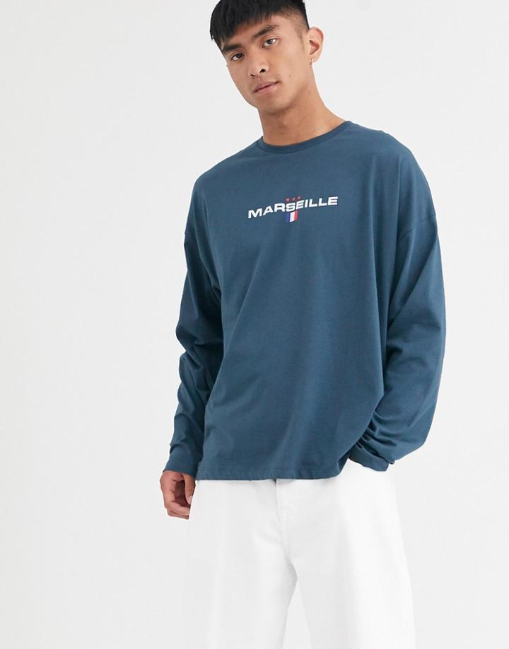 Asos Design Oversized Long Sleeve T-shirt With City Flag Print In Navy