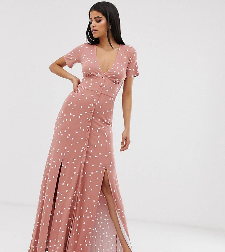 Asos Design Tall Button Through Maxi Tea Dress With Splits In Polka Dot-multi