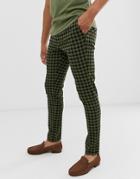 Asos Design Super Skinny Smart Pants In Khaki Houndstooth Check With Turn Up-green