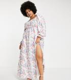 In The Style Plus X Elle Darby Volume Sleeve Shirred Bust Detail Maxi Dress With Thigh Split In Floral Multi