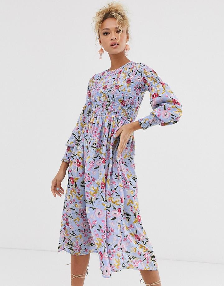 Never Fully Dressed Shirred Midi Skater Dress In Blue Floral Print - Multi