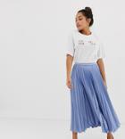 Asos Design Petite Satin Pleated Midi Skirt - Blue