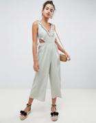 Asos Design Tea Jumpsuit In Cotton With Tie And Cut Out Detail-blue
