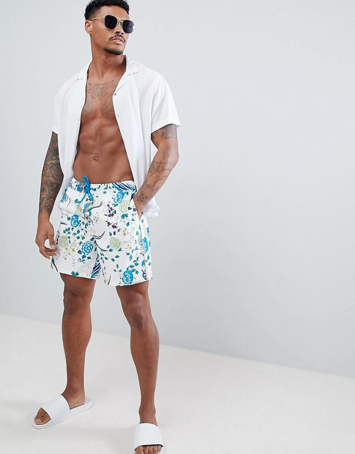 Asos Design Swim Shorts With Bird & Floral Print In Mid Length - White