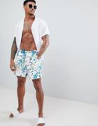 Asos Design Swim Shorts With Bird & Floral Print In Mid Length - White