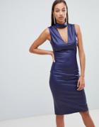 Forever Unique Choker Detail Wet Look Dress - Blue