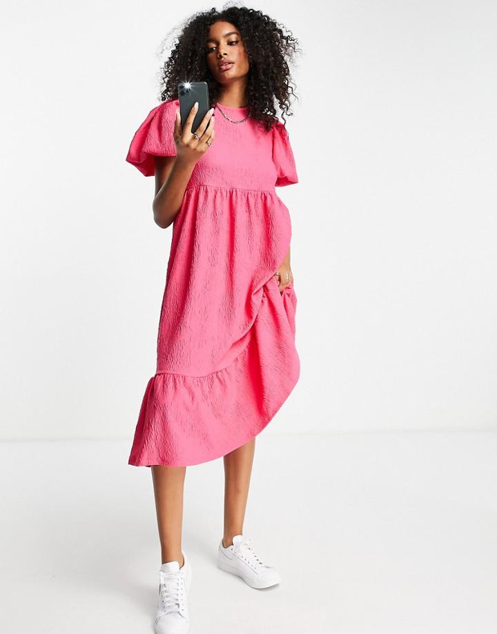 River Island Textured Tie Back Volume Midi Dress In Pink