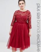 Little Mistress Plus Short Sleeve Lace Bodice Midi Dress With Tulle Sk