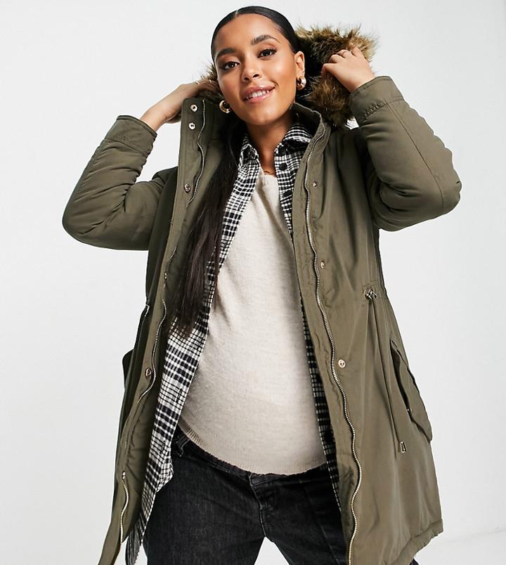 New Look Maternity Parka In Khaki-green