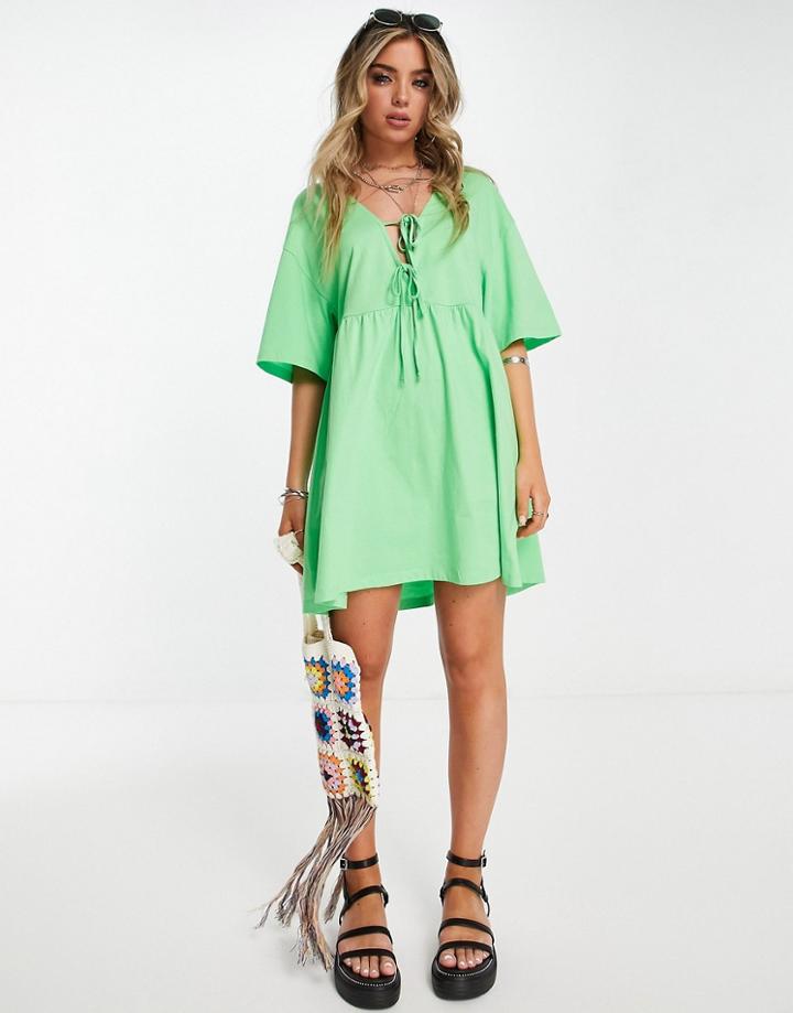 Asos Design Mini Smock Dress With Double Tie Detail In Bright Green