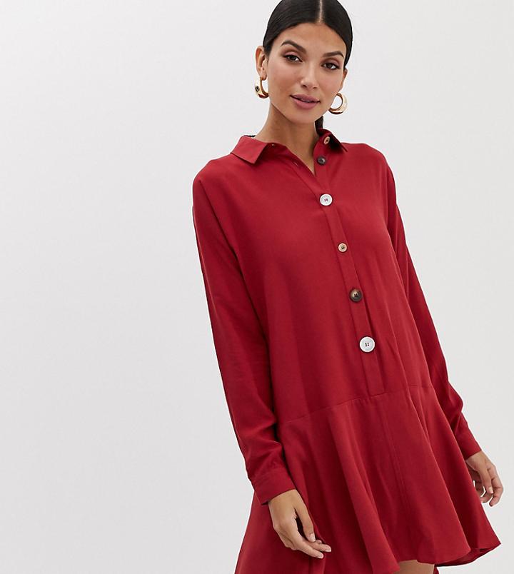 Asos Design Tall Swing Mini Shirt Dress With Contrast Buttons-red