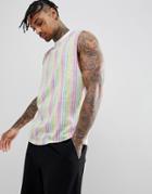 Asos Design Sleeveless T-shirt With Dropped Armhole And Pastel Vertical Stripes In Linen Look Fabric - Multi
