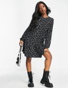 Qed London Soft Touch Tiered Mini Dress In Monochrome Floral-black