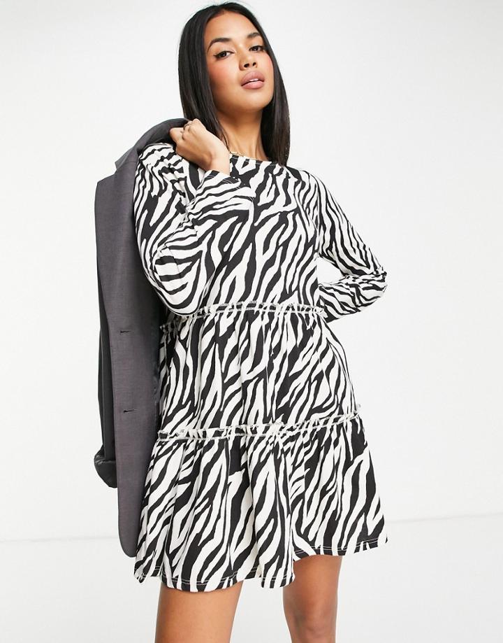 River Island Long Sleeved Tiered Smock Mini T-shirt Dress In Zebra Print-multi