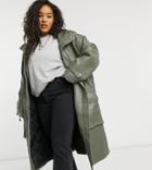 Asos Design Curve Leather Look Oversized Parka With Quilted Lining In Khaki-green