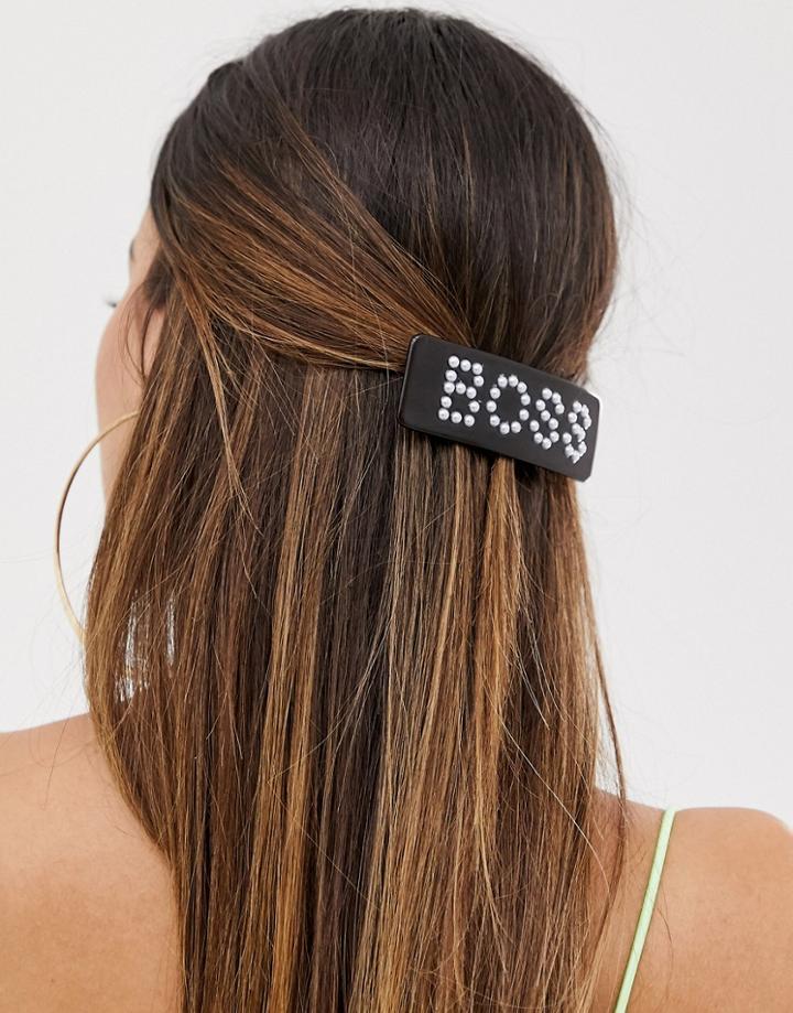 Asos Design Barette Hair Clip In Tortoiseshell With Pearl Boss Slogan - Multi