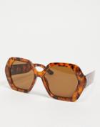 Asos Design Recycled Frame Hexagon Oversized 70s Sunglasses In Tort-brown
