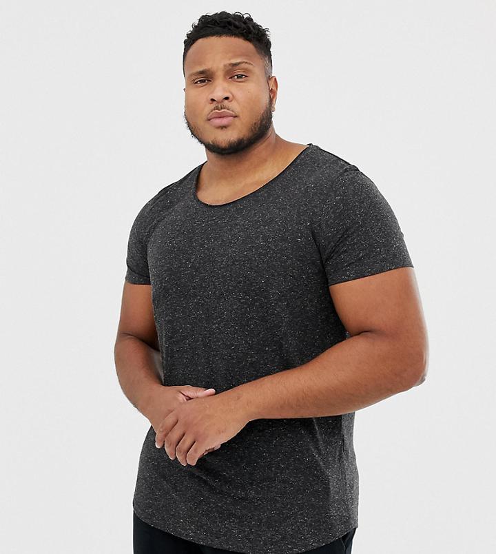 Asos Design Plus Longline T-shirt With Raw Scoop Neck And Curve Hem In Linen Mix In Black - Black