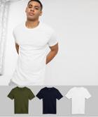 Boss Bodywear 3 Pack T-shirts In Navy Khaki And White-multi