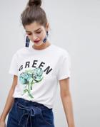 Stradivarius Floral Slogan Green Tee - White