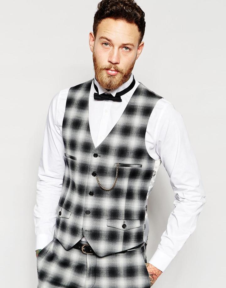 Noose & Monkey Check Vest With Chain And Stretch In Skinny Fit - Black