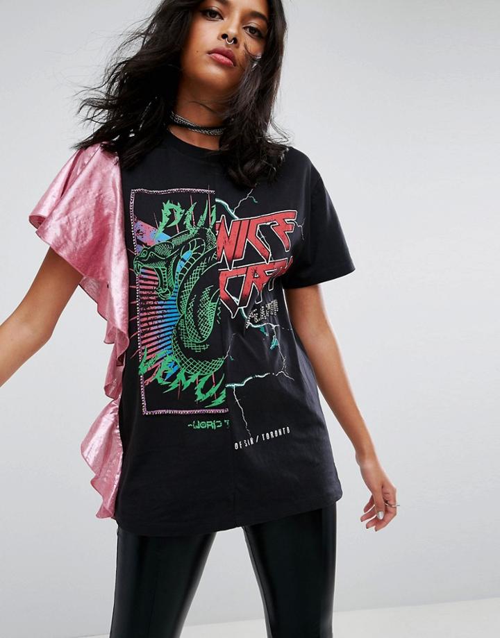 Asos Spliced Graphic Tee With Foil Ruffle Sleeve - Black