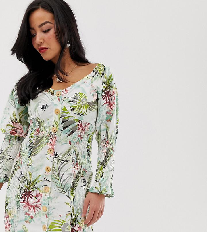 Asos Design Petite Button Through Shirred Mini Dress In Tropical Print - Multi