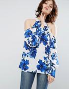 Asos Cold Shoulder Top In Blue Floral - Multi